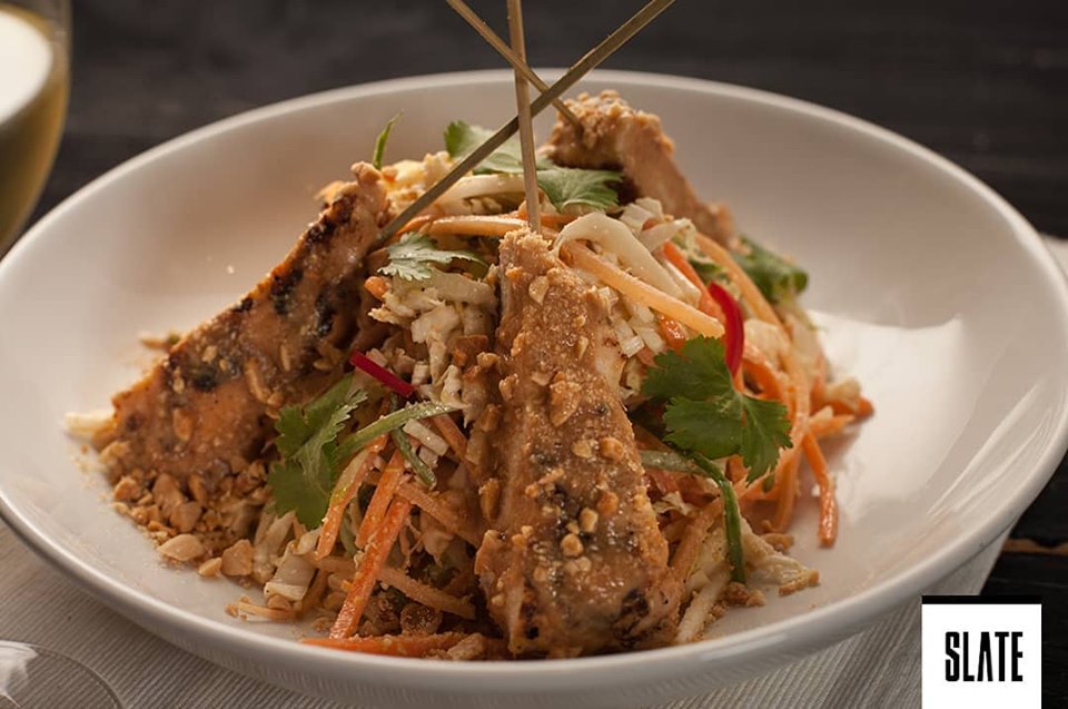 Chicken Chop is covered with chopped peanuts tossed in peanut dressing!